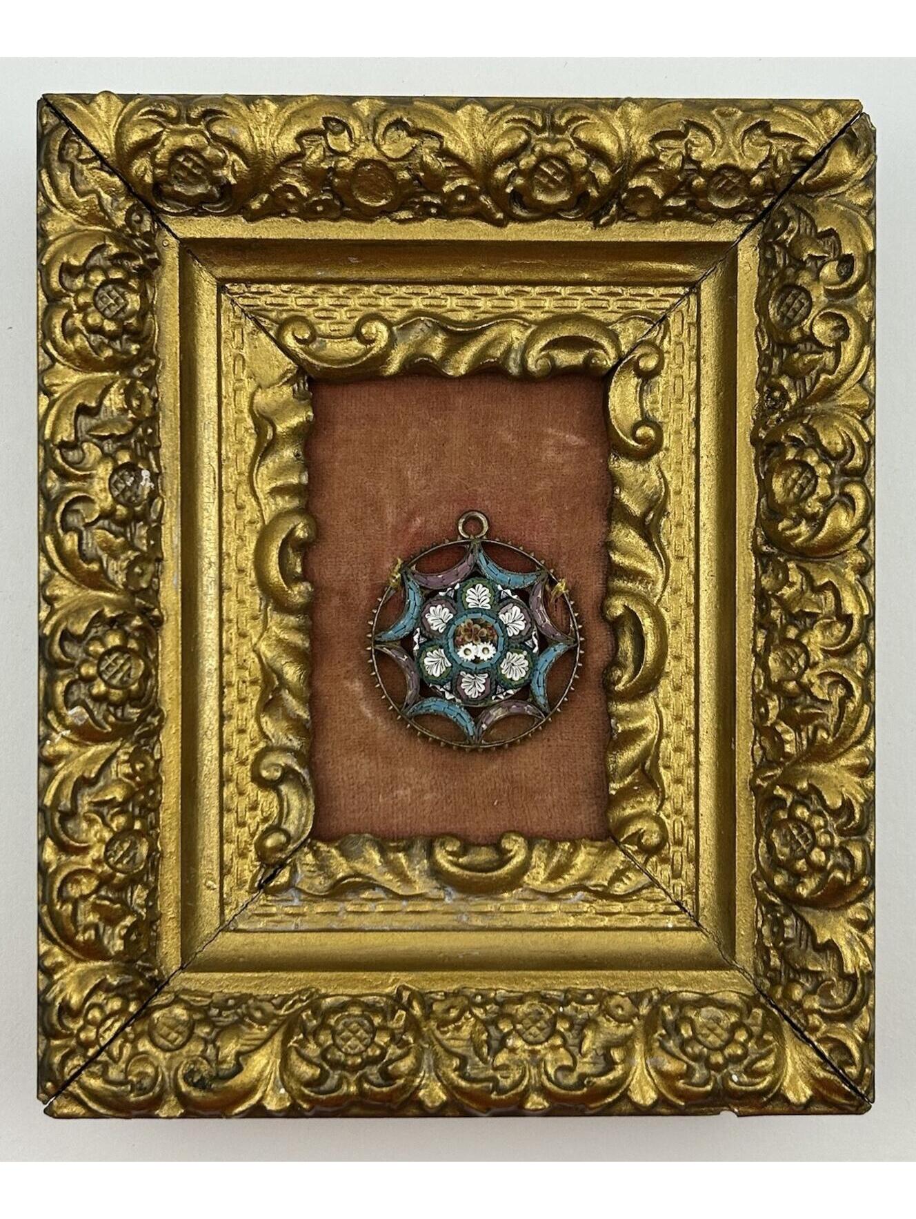 Vintage Italian Micro Mosaic Floral Pendant Framed Gold Florentine Display Read